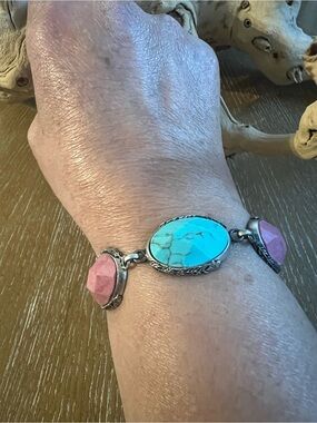 Lucky Brand Turquoise Blue and Pink Stone Link Bracelet